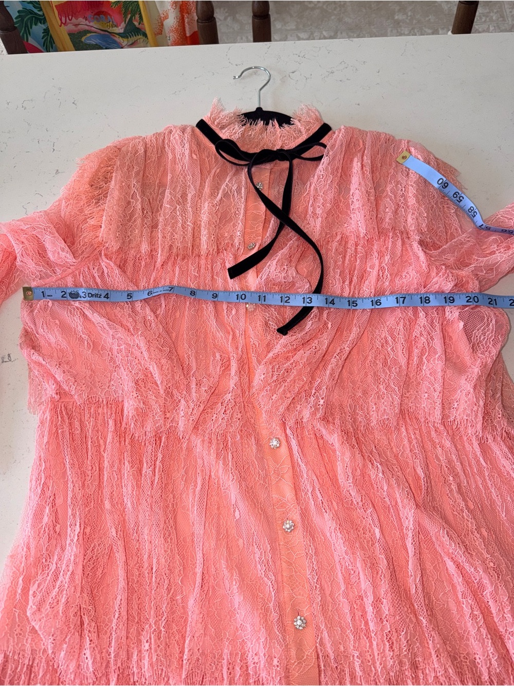 Alice + Olivia Sheer Tiered Lace Mini Dress in Blush Pink with Black Velvet Bow - Picture 12 of 13